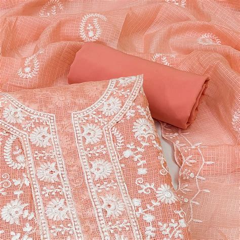 Peach Floral Embroidered Cotton Dress Material