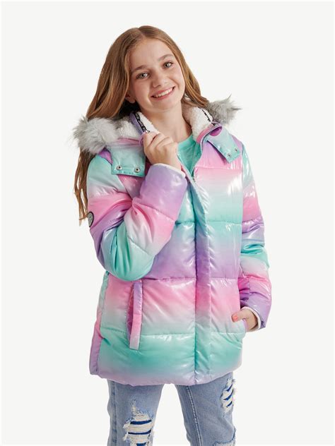 Justice Girls Puffer Jacket with Faux Fur Lined Hood, Sizes 5-18 ...
