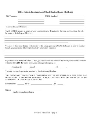 30 Day Notice to Terminate Lease Other Default or Reason ...
