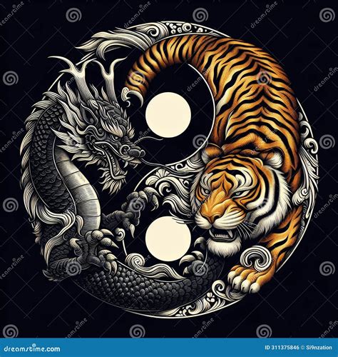 A Traditional Dragon and Tiger in Yin Yang Symbol, Dark Background ...