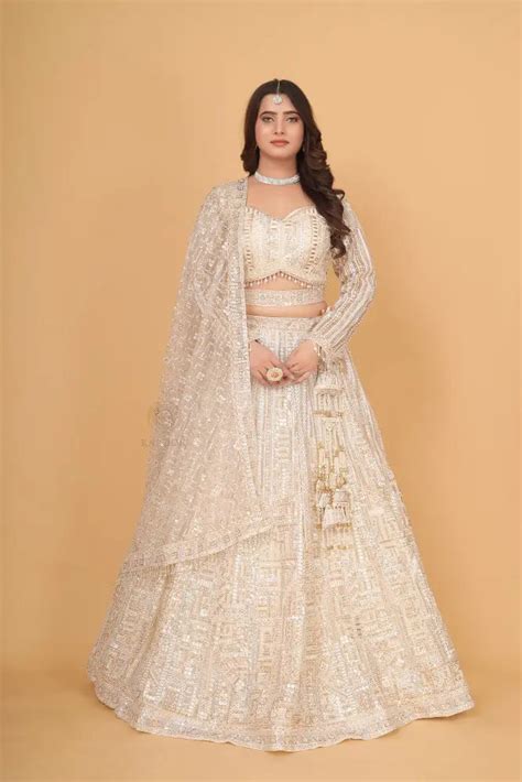 White Bollywood Inspired Net Lehenga With Hand-Pal Work, Sequence, And
