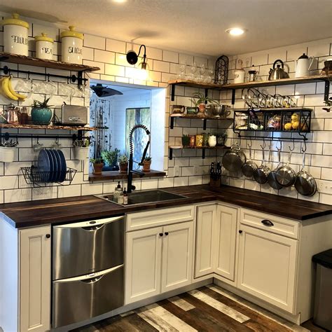 Farmhouse style kitchen, live edge wood exposed shelves, walnut butcher ...