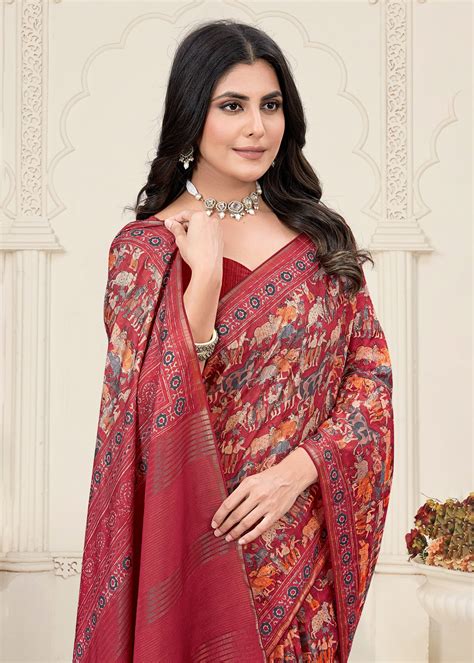 Rich Maroon Tussar Silk Saree Featuring Pichwai Prints, Zari Accents ...