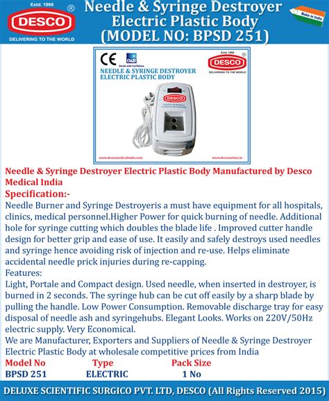 Needle & Syringe Destroyer Electric Plastic Body Manufacturer India | DESCO