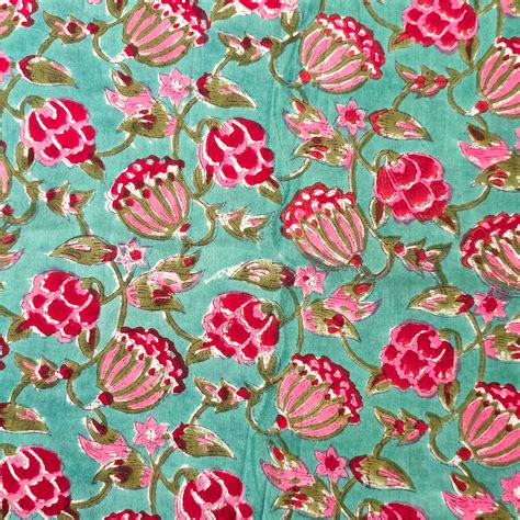Pure Cotton Jaipuri Green With Pink And Light Pink Carnation Flower Ja ...