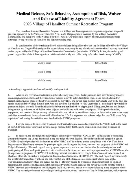 Fillable Online Medical Release, Safe Behavior, Assumption of Risk ...