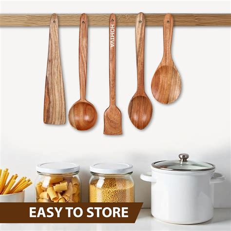HOMIVA Neem Wood Spatula 5 Pcs Set, Non-Stick Safe Cooking Utensils
