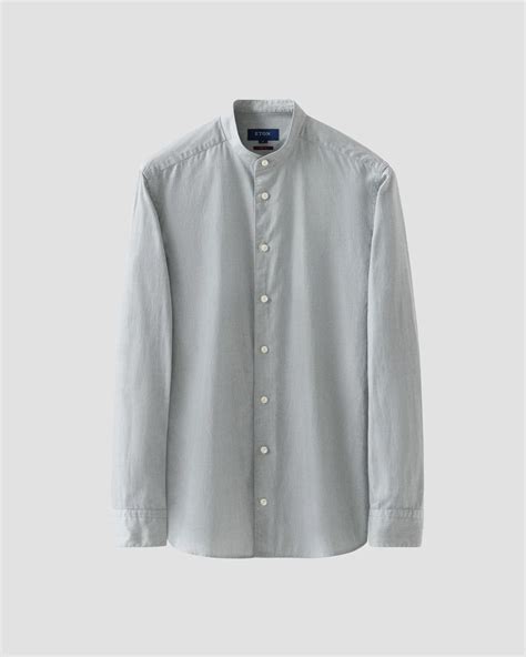 Mid green Solid Twill Band Collar Shirt - Eton