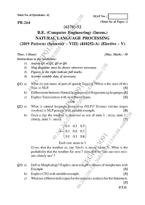 B.E. (Computer Engineering) Insem. NLP Question Paper - March 2024 ...