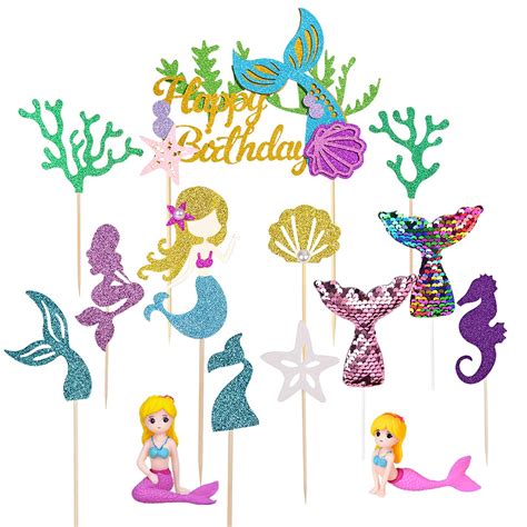 Buy Dokuna Glitter Mermaid Theme Birthday Cake Topper with Seaweed and ...