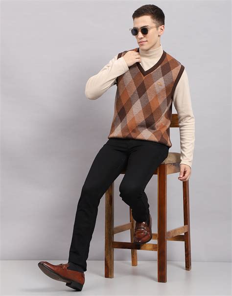 Buy Men Brown Self Design V Neck Sleeveless Sweater Online in India ...