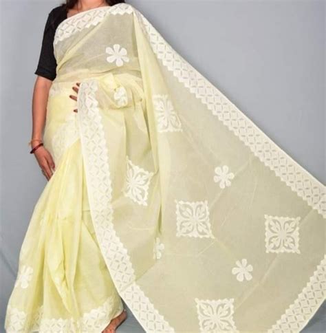 Organdy Cotton Saree Applique work Light Yellow Colour with running ...
