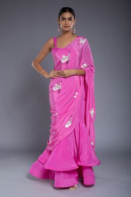Buy Pink Crepe Sequins, Cut Work Square Neck Hand Embroidered Saree ...