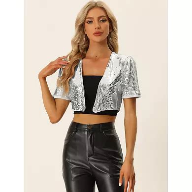 Sequin Shrug For Women's Short Sleeve Open Front Glitter Cropped Jackets