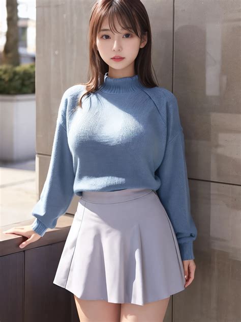 A woman in a blue sweater and grey skirt posing for a photo - SeaArt AI