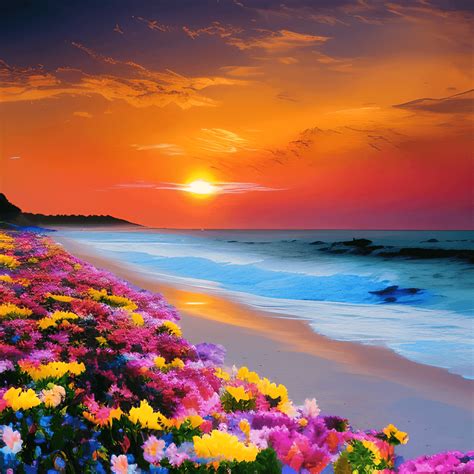 Sunrise on the Beach with Flowers and Clouds · Creative Fabrica