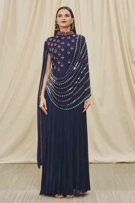 Buy Blue Chiffon Mirror, Bead And Cut Dana Work High Neck Embroidered ...