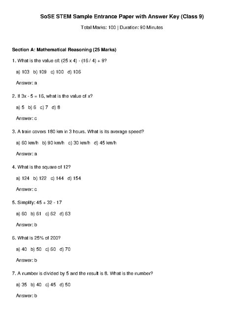SoSE STEM Sample Entrance Paper with Answer Key for Class 9 - Studocu