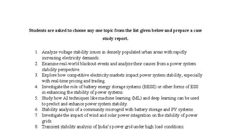 Case Study Topics for Power System Stability Analysis - Studocu