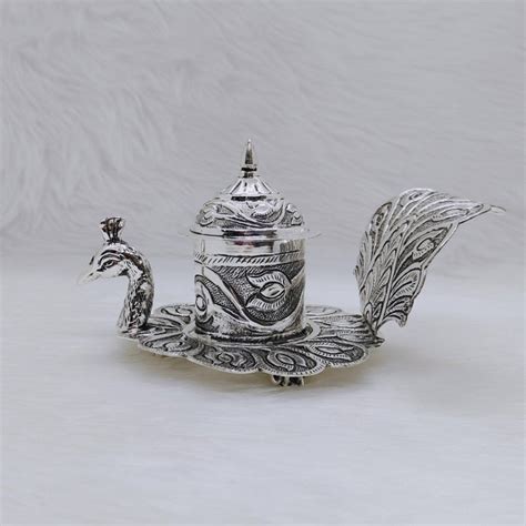 Buy quality Hallmarked silver peacock shaped kumkum dibbi by puran in ...