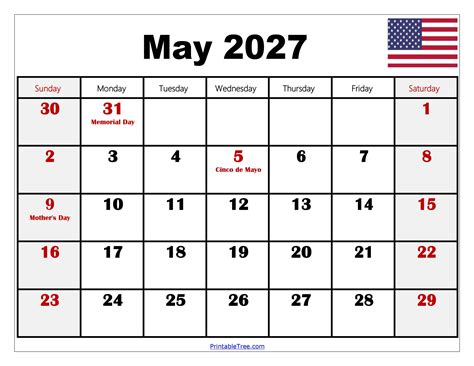 Blank May 2027 Calendar Printable PDF Templates with Holidays