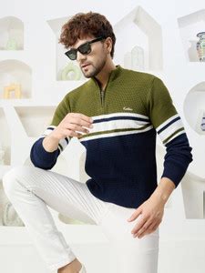 KVETOO Colorblock Collared Neck Casual Men Dark Green, Blue, White ...