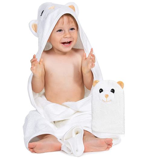 Buy Organic Bamboo Baby Towel & Wash Mitt – Hooded Newborn Towel – 35 x ...