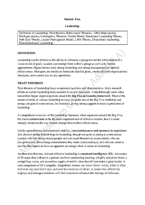 Module 2 - OB (S6) - Leadership Theories and Definitions - Studocu