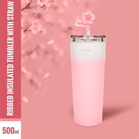 Cherry Blossom Collection Ribbed Insulated Tumbler with Straw - Pink/5 ...