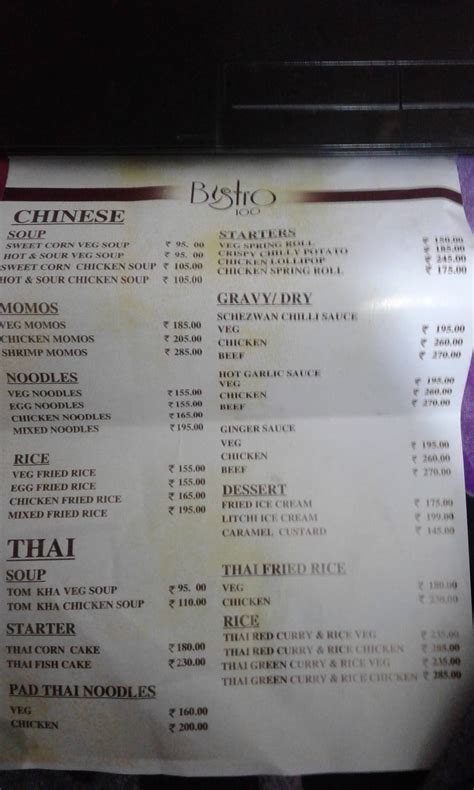 Menu at Bistro 100, Chennai
