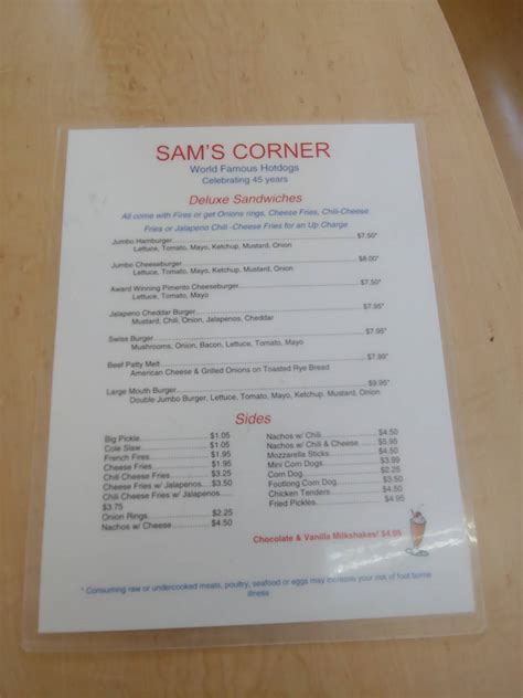 Menu at Sam's Corner restaurant, Murrells Inlet, 101 Atlantic Ave