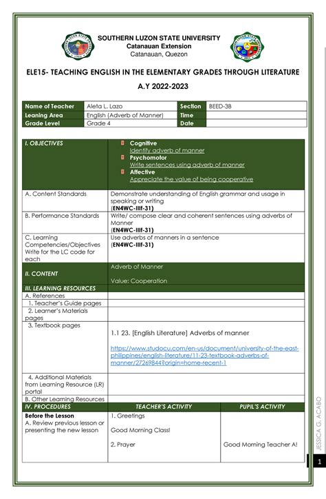 Lazo ELE15 - JESSICA G. ACABO ELE15- TEACHING ENGLISH IN THE ELEMENTARY ...