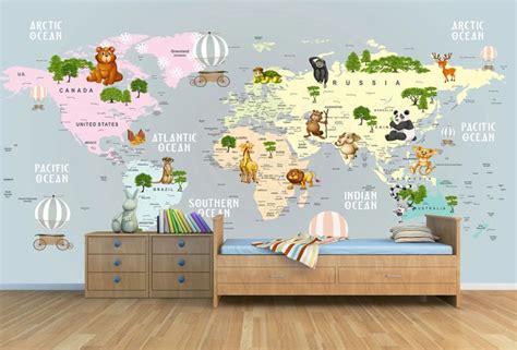 T9314 Wallpaper Kids World Map with Animals- >> iwiDecor.com