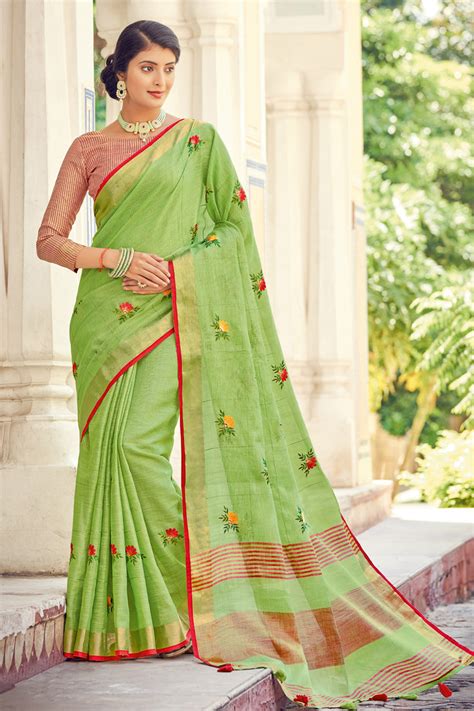 Buy Mint Green Linen Saree 20051 Online | Karagiri