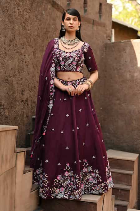 Buy Wine Organza, Taffeta, Cotton Embroidery Floral Lehenga Set For ...