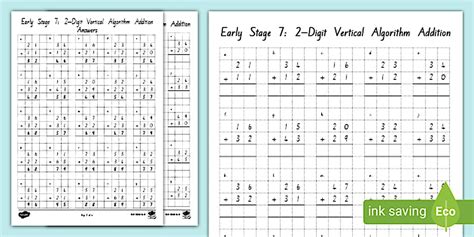 Early Stage 7 (Phase 2): 2-Digit Vertical Algorithm Addition Worksheets