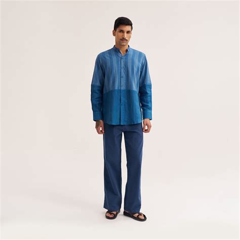 Relaxed Fit Indigo Patchwork Handwoven Cotton Shirt – Prashasya