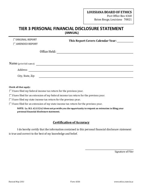Louisiana Tier 3 Personal Financial Disclosure Statement - Blank ...
