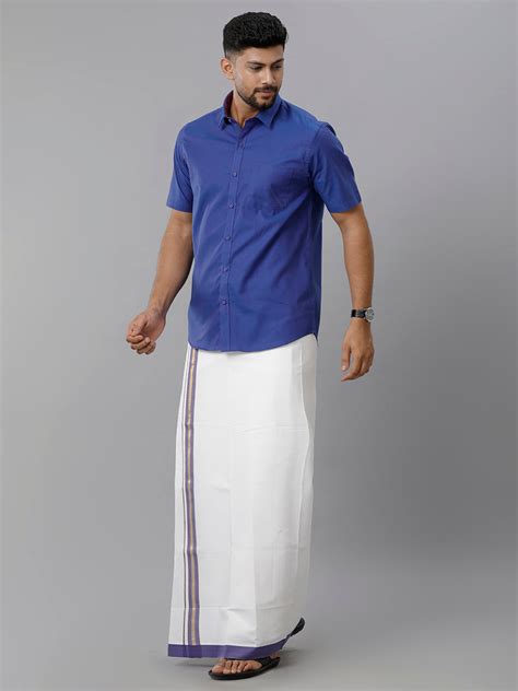 Ramraj Mens Cotton Matching Border Dhoti & Half Sleeves Shirt Blue Set GL17