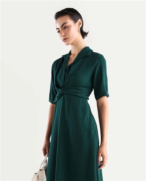 Rareism Women's Fedrez Green Polyester Cowl Neck Plain Bell Sleeve Max