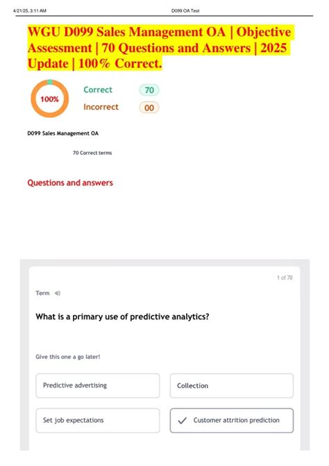 WGU D099 Sales Management OA | Objective Assessment | 70 Questions and ...