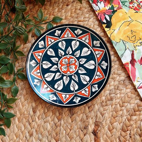 Navy Blue Orange Ceramic Wall Plate | Handcrafted & Premium Quality ...