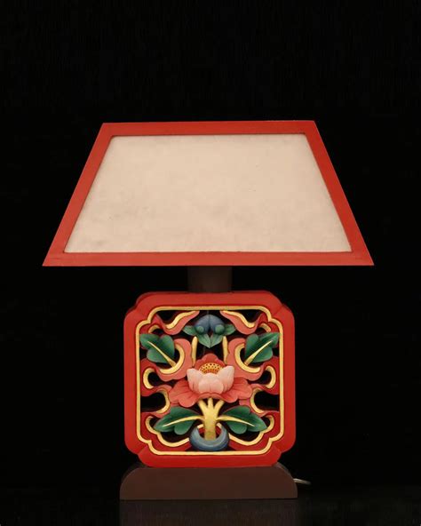 Auspicious Symbols Carved Table Lamp in Red – Norbulingka Institute of ...