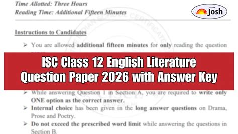 ISC Class 12 English Literature Question Paper 2026 with Answer Key ...
