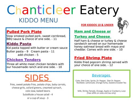 Kiddo Menu - available at both lunch & dinner - Chanticleer Eatery ...