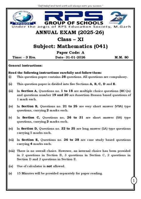 Class XI Maths Annual Exam Paper (041) - Detailed Instructions ...
