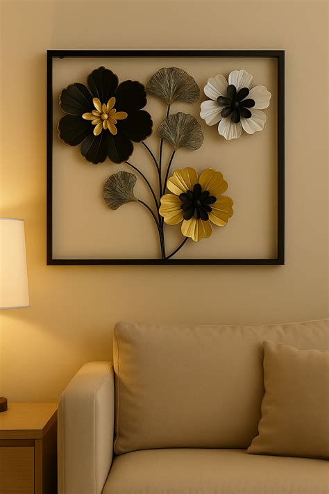 HOME DECOR Elegant Metal Floral Wall Art – Black, Gold & White 3D Flow