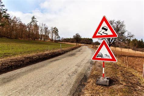 Warning Sign For A Slippery Road Surface Stock Image - Image of warm, winter: 119445763