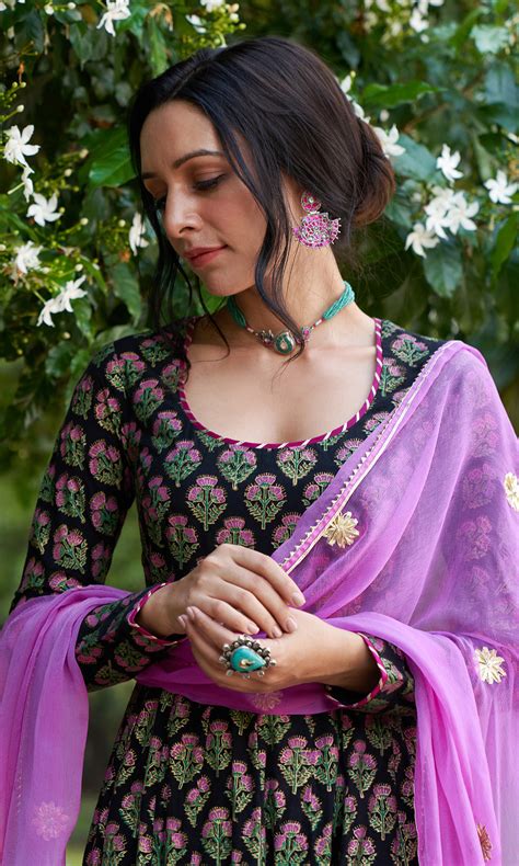 Kainaat - Black Block Printed Anarkali With Palazzo And Dupatta - Set ...