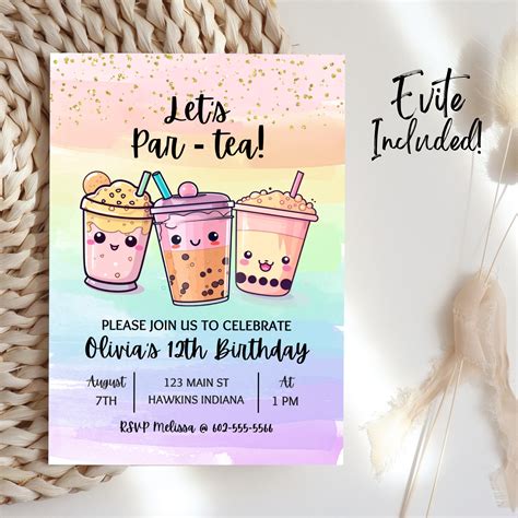 Boba Tea Birthday Invitation Template, Editable Par-tea Invitation ...